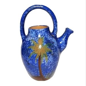 Wassi Art Jamaica Pottery Speckled Blue Pitcher Tea Pot Signed Beach Palm Trees